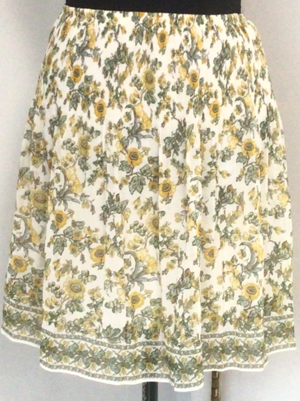 Max Studio White Floral A-Line Skirt with Yellow and Green Print